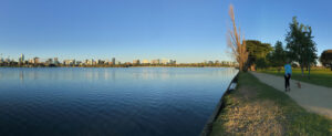 A lake with a footpath on the righthand side with someone walking a dog.