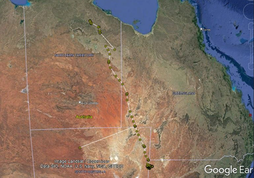 A map of Australia outlining the male Little Eagle's journey with yellow dots.